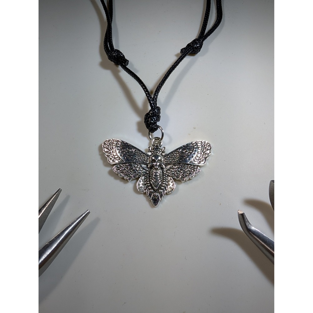 Deaths Head Moth Necklace Silver Skull Pendant Gothic Adjustable Black Cord 27in